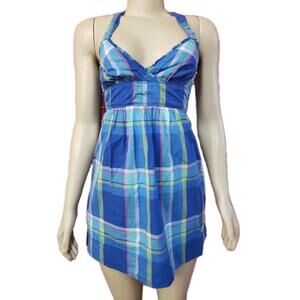GILLY HICKS SYDNEY Women Blue Plaid Halter Neck Summer Mini Dress  XS NWT #CB3